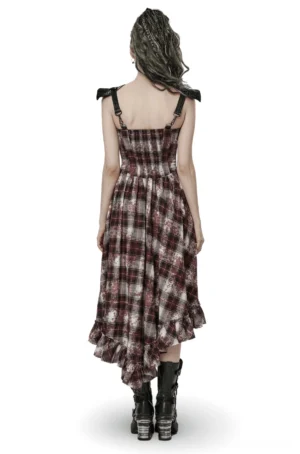 Black red plaid gothic dress back view showing adjustable leather straps and smocked waistline
