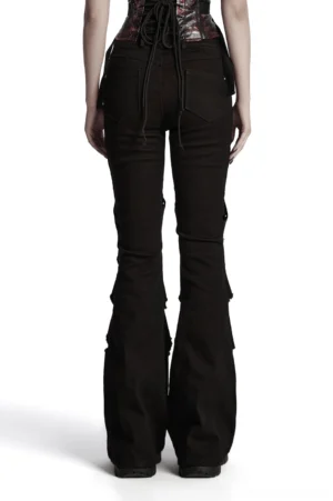 Black gothic flared pants back view showing full silhouette on model