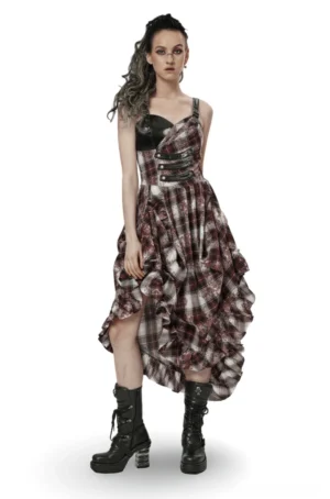 Black red plaid gothic mini dress with adjustable leather shoulder straps, front view worn by model