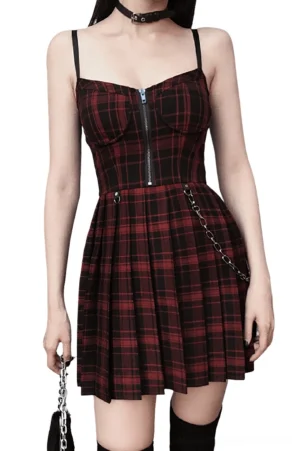 Black and red tartan gothic plaid mini dress with front zipper and chain embellishments, showcasing high-waisted A-line silhouette and pleated skirt on model