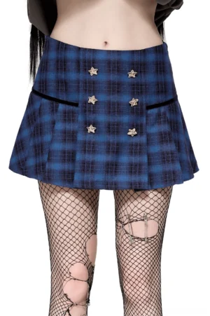 Blue black plaid mini skirt with double-row star studded buttons - front view worn styling