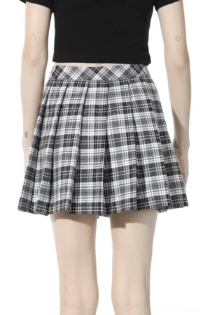 Gothic pleated tartan mini skirt from rear showing structured pleats and monochromatic plaid design from behind
