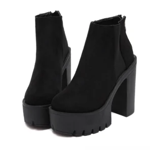 Black gothic platform ankle boots with square heel and thick platform sole, front three-quarter view showcasing round toe and matte flock upper