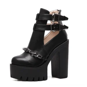 Black gothic high heel boot side three-quarter view showing round toe and chunky block heel with rear zipper