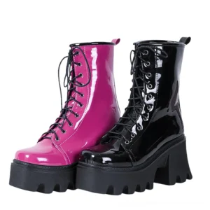 Dual-tone rose and black patent leather lace-up platform boots side view goth aesthetic