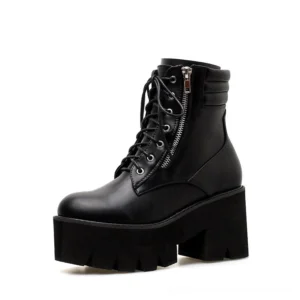Gothic platform ankle boots three-quarter side profile showing lace-up design, side zipper closure, and substantial block heel with dark leather upper