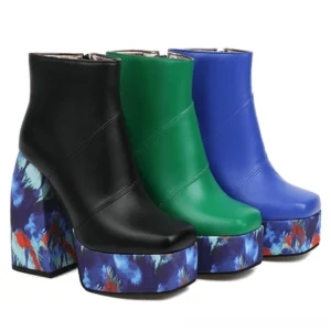 Gothic platform square toe boots collection in black, blue, and green - multiple color variants with thick printed heels displayed together