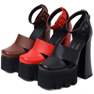 Three-color comparison of gothic platform heels: black, red, and brown platform ankle strap sandals with block heels