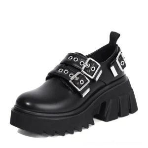 Black matte PU leather gothic platform loafers with dual silver metal buckles, three-quarter left view showing round toe and serrated chunky platform sole