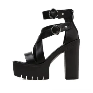 Single black gothic high heel gladiator sandal with peep toe and chunky platform sole, side angle