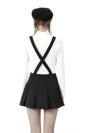 Gothic black pleated dress rear view displaying crisscross adjustable shoulder straps and waist belt loops