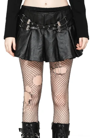 Black pleated faux leather gothic mini skirt with dual silver buckle straps worn by female model, front view studio shot