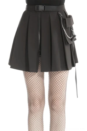 Black pleated gothic mini skirt with chain pocket detail front view close-up showing metal zipper and chain attachment