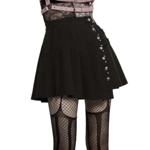 Black pleated gothic mini skirt with metal rivets front view on model, dark fashion statement piece