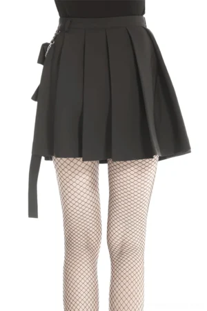 Black gothic pleated mini skirt side front angle view displaying pleated construction and chain pocket strap