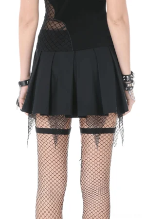 Pleated gothic mini shorts with built-in mesh overlay and metal buckle thigh straps, back view detail