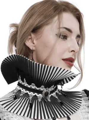Black and white pleated gothic stand collar with beaded lace trim worn on blonde model, three-quarter view showcasing tassel decorations