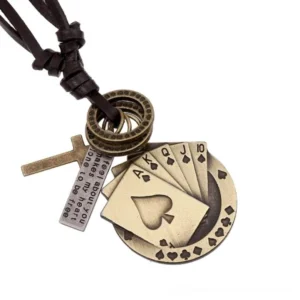 Bronze finish gothic poker cross necklace with royal flush spade pendant, cross charm and quote tag detail shot