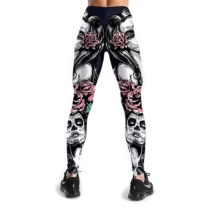 Black high-waist leggings with all-over skull and rose print front view studio shot