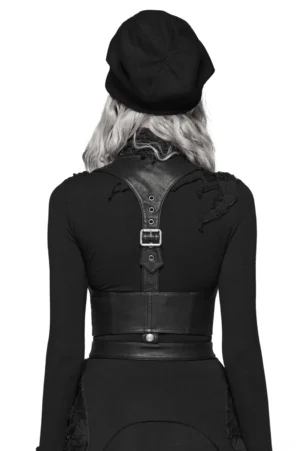 Back view of gothic punk leather corset showing metal buckle straps and hardware details