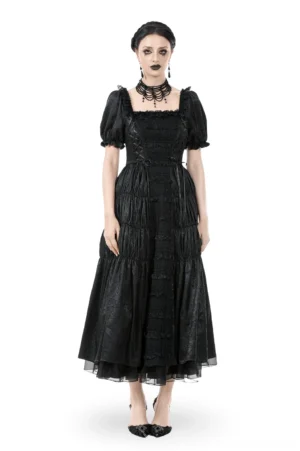 Black Victorian Gothic Puff Sleeve Maxi Dress - Front Full Body View with Square Neckline and Tiered Ruffle Skirt