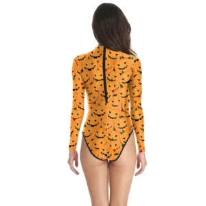 Back view of women's gothic halloween pumpkin print swimsuit showing back zipper closure, high-cut leg design, and complete pumpkin pattern coverage