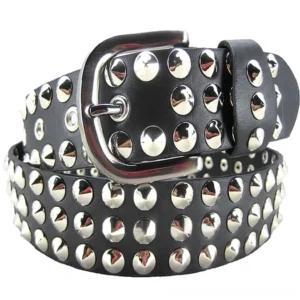 Black faux leather metal rivet gothic belt with silver dome studs and heavy-duty buckle