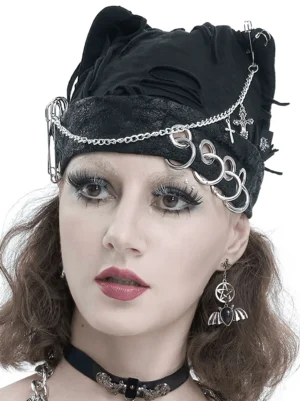 Black gothic punk cat ear beanie with metal chains and cross pendants, front view on model