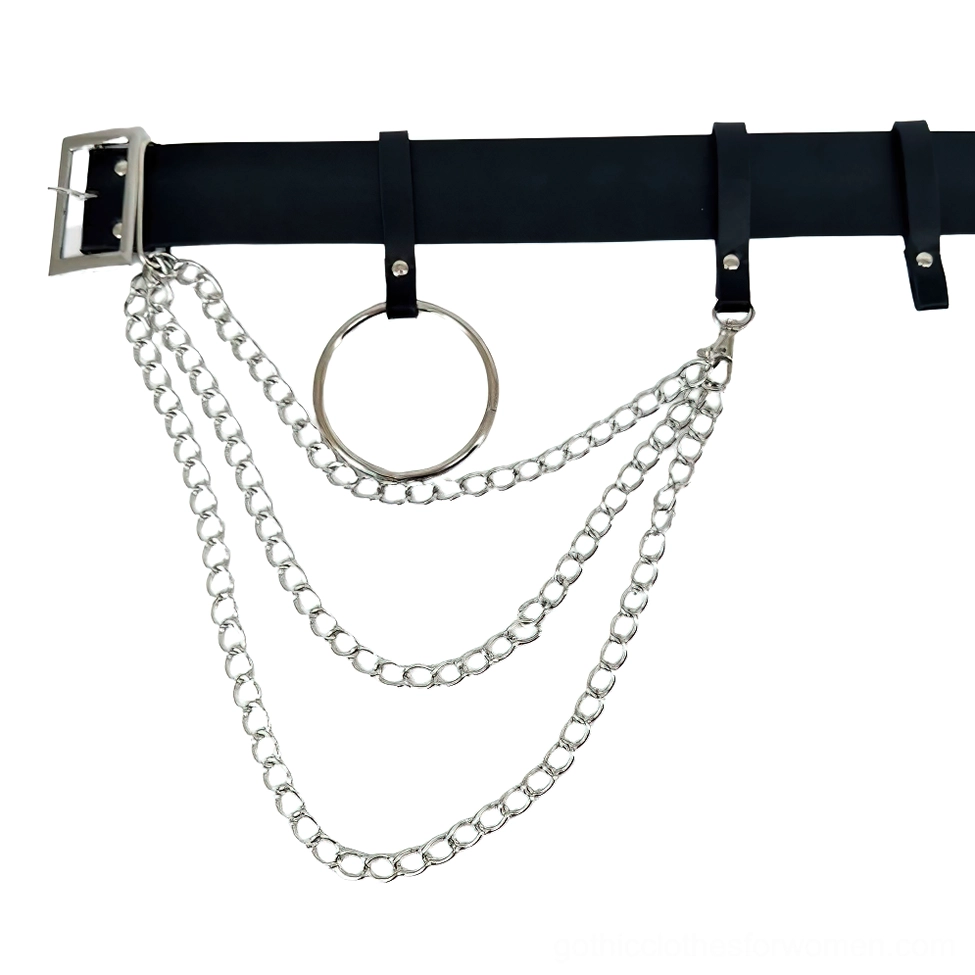 Flat lay view of gothic punk chain belt harness displaying black faux leather and multi-layer silver metal chains and ring details