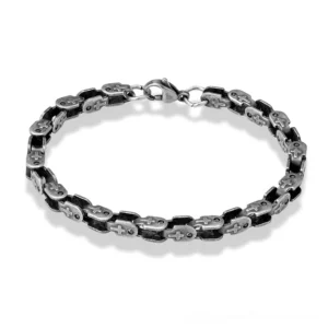Dark silver punk bicycle chain bracelet stainless steel flat lay detail shot showing linked chain structure and vintage patina finish