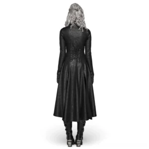 Black gothic punk long coat back view showcasing dramatic corset lace-up back design and floor-length flared hem on model