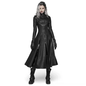 Black embossed cracked leather gothic punk long coat front view with high stand collar, central front zipper, and decorative chest straps on model