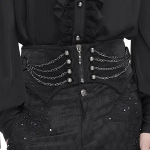 Close-up front view of gothic punk corset girdle with precision zipper closure and layered metal chains detail
