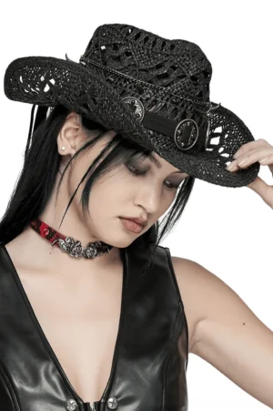 Three-quarter side view of black gothic punk cowboy hat with red choker - showing hat structure and tassel detail