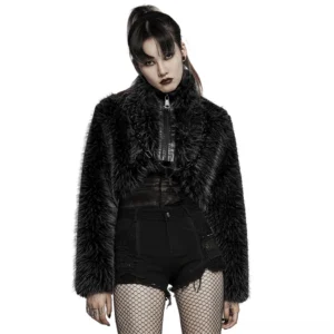 Black faux fur cropped gothic punk jacket with stand collar and front zip closure, worn by model from front