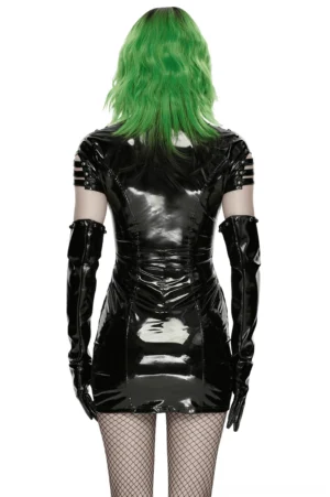 Back view of black patent leather gothic punk dress on model showing fitted silhouette with matching long gloves