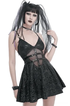 Black gothic punk v-neck lace-up mini dress front view with embossed mesh cutout detail