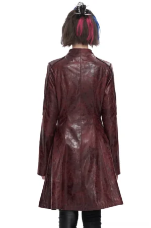 Wine red gothic punk faux leather coat back view showing seamless tailored fit and A-line silhouette
