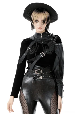 Asymmetric punk leather shoulder cape front view on model with blonde hair, black leather with metal hardware and strap detailing, studio shot