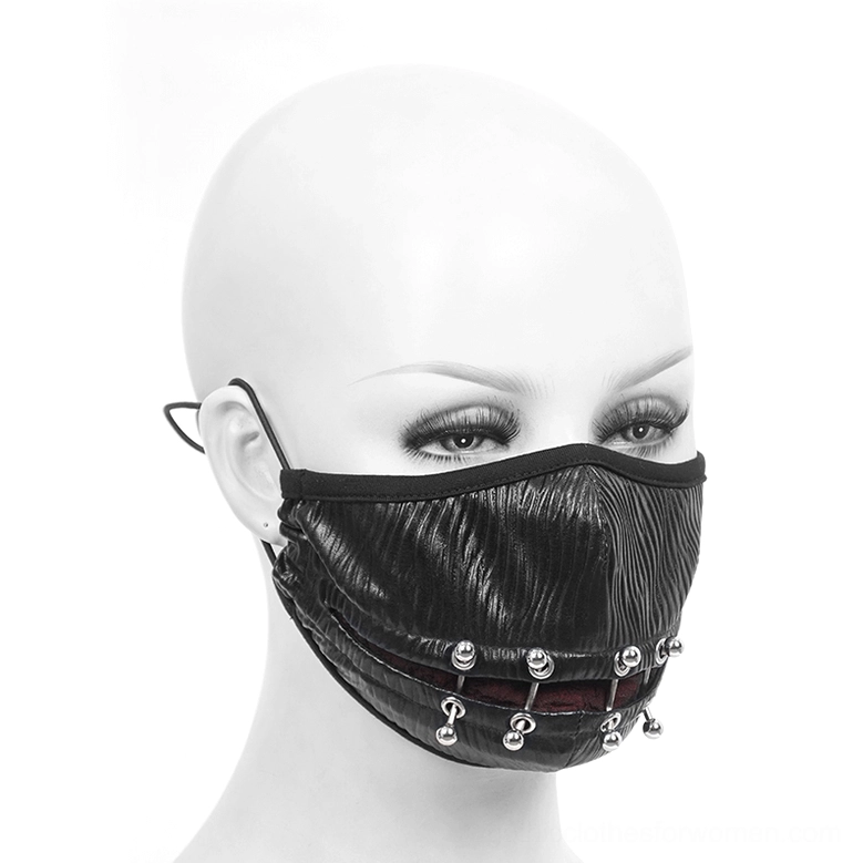 Right side view of black wrinkled faux leather gothic punk face mask on bald mannequin, white studio background highlighting metal piercing details and construction