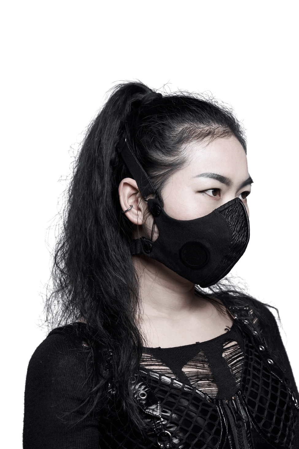 Punk style black woven face mask with adjustable strap and filter vent detail, side profile on model