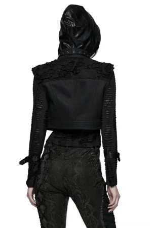 Black gothic punk cropped vest back view showcasing distressed mesh yoke