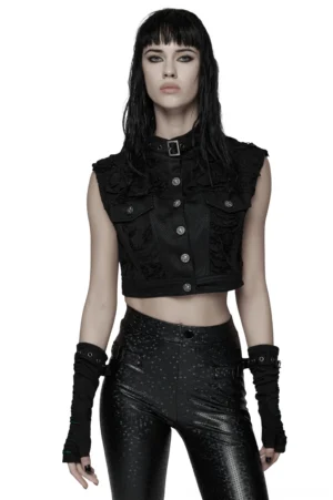 Black mesh gothic punk cropped vest with skull buttons - front view on model
