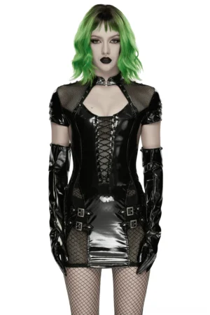 Black patent leather gothic punk mini dress with mesh panels worn by model, front view with lace-up design and buckle details