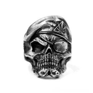 Direct front view of punk memento mori skull ring in 925 sterling silver with aged patina finish