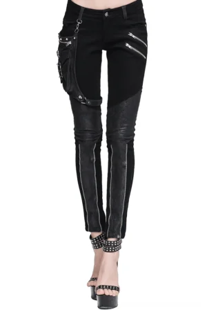 Gothic punk spliced pencil pants for women front view with detachable studded leg pouch and zipper details