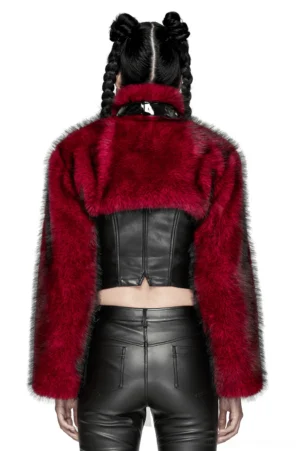 Wine red gothic punk cropped jacket back view showing patent neck strap and fuzzy sleeves