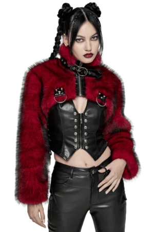 Wine red gothic punk cropped faux fur jacket with patent leather collar, front full view on model with space buns