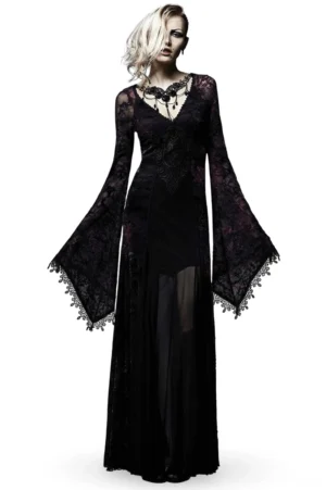 Purple floral lace bell sleeve gothic maxi dress front view on model, sheer mesh panel, deep V neckline, dramatic bell sleeves