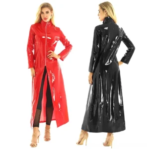Black and red PVC leather wetlook coats gothic style front back comparison display